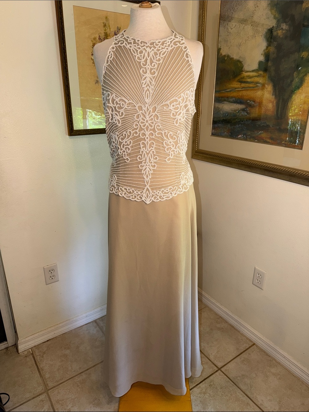 JKARA NY Dress- Elegant Taupe Gown w/ White Beaded Bodice Size 14